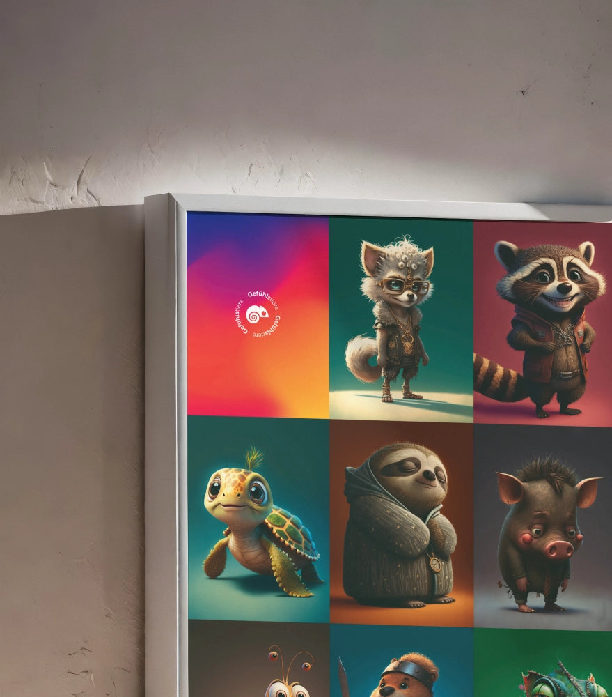 Gefühlstiere® Poster DIN A1 – Detailansicht der illustrierten Tiere, Schildkröte, Faultier und Waschbär