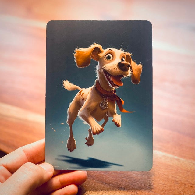 Mann hält Gefühlskarte mit freudigem Hund – Gefühlstiere Karte zur Emotionserkennung 