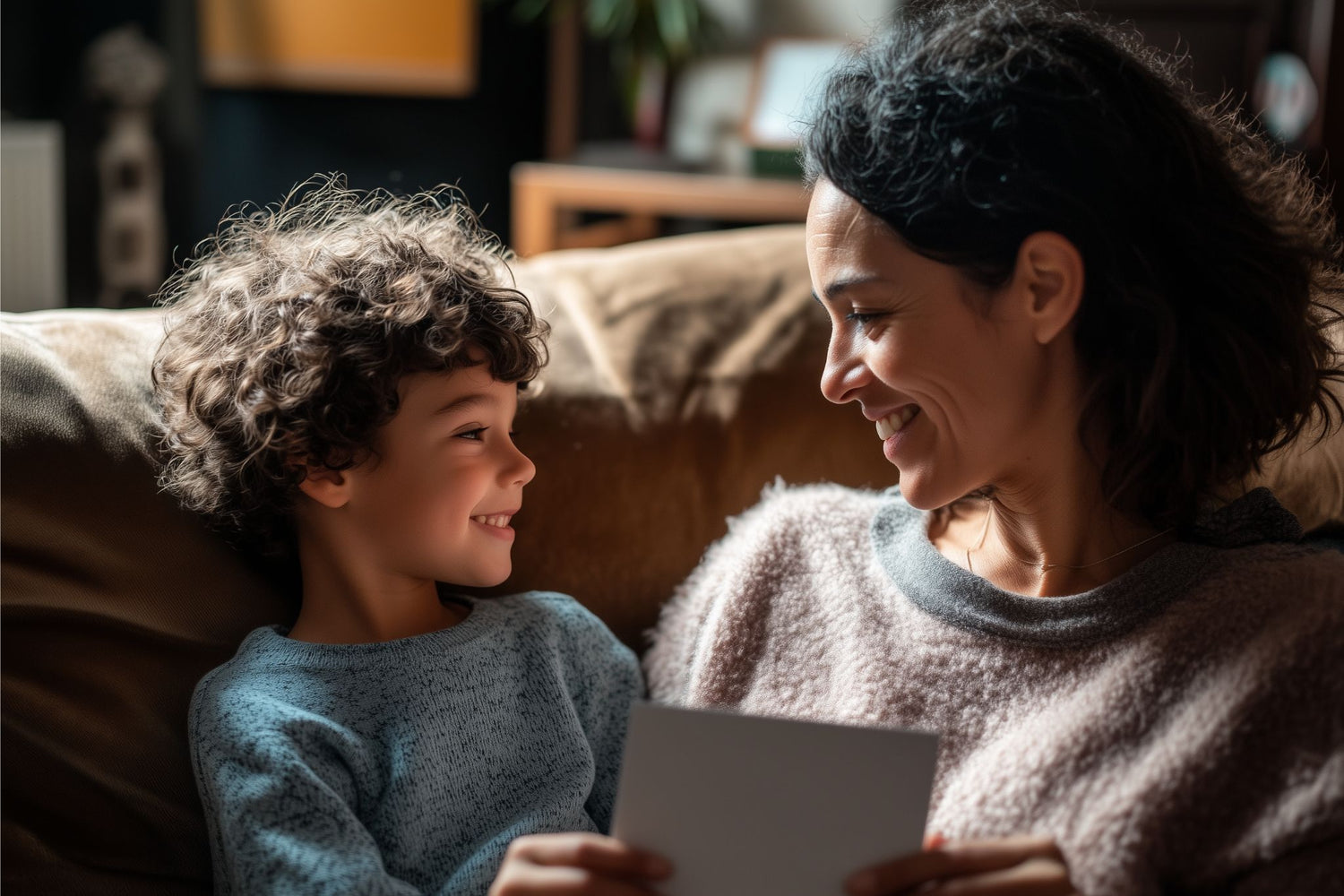 Mutter und Kind halten Gefühlskarten und schauen sich an – Gefühlstiere im Familienalltag