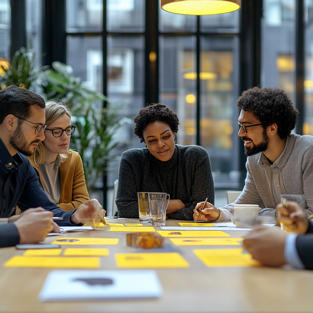 Diverses Team im Business-Meeting nutzt Gefühlskarten – emotionale Intelligenz im Unternehmen