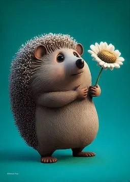 Ein Igel hält eine Blume.