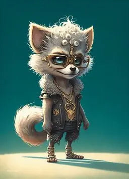 Ein graues Tier mit Brille und Jacke.