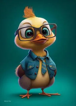 Eine Ente mit Brille und Jeansjacke.