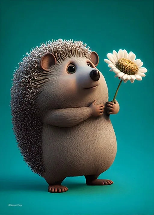 Ein Igel hält eine Blume.